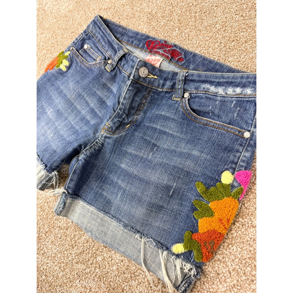 Y2K Princy Jessica Simpson Womens Jean Shorts Floral Embroidered 7 Boho Festival